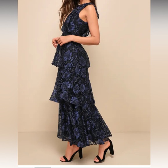 Molinetto Navy Blue Lace Ruffled Tiered Sleeveless Maxi Dress - Picture 8 of 9